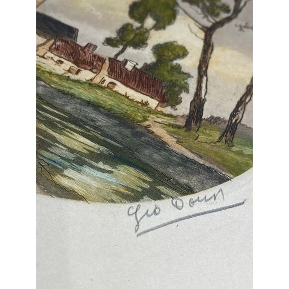 Geo Worn — Hand-Colored Etching Village Scene by River, European Landscape - Picture 2 of 6